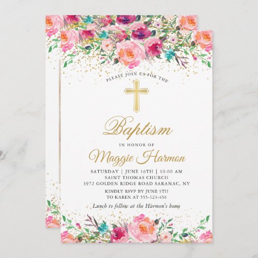 美しいピンクの金ゴールドフローラ女の子バプテスマ写真 招待状 (正面/裏面)