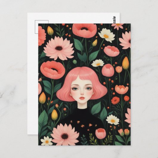 美しいピンクの髪と花 ポストカード (正面/裏面)