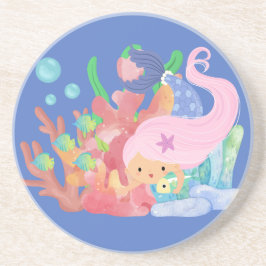 美しいピンクの髪のマーメイド遊が魚を抱きしめている コースター