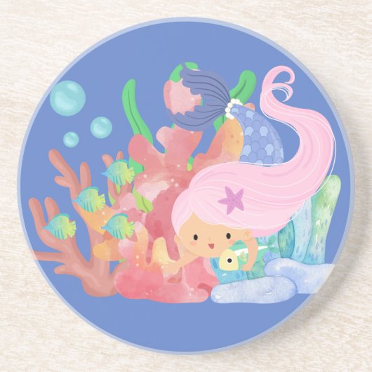 美しいピンクの髪のマーメイド遊が魚を抱きしめている コースター (正面)