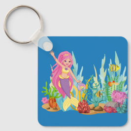 美しいピンクの髪遊の人魚の海 キーホルダー