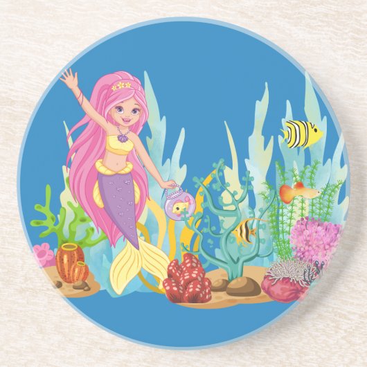 美しいピンクの髪遊の人魚の海 コースター (正面)