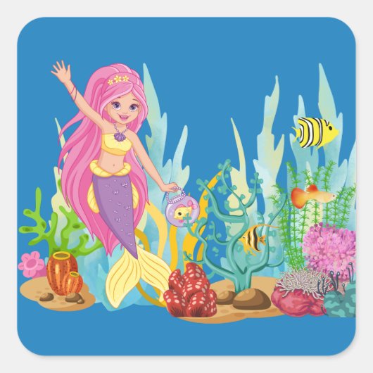 美しいピンクの髪遊の人魚の海 スクエアシール (正面)
