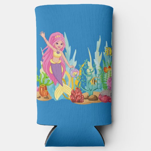 美しいピンクの髪遊の人魚の海 スリム缶クーラー (正面)