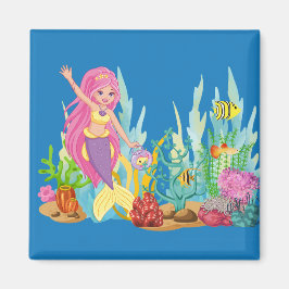 美しいピンクの髪遊の人魚の海 マグネット