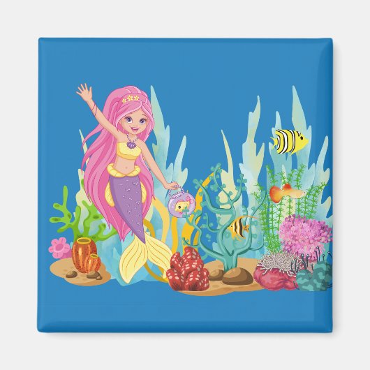 美しいピンクの髪遊の人魚の海 マグネット (正面)