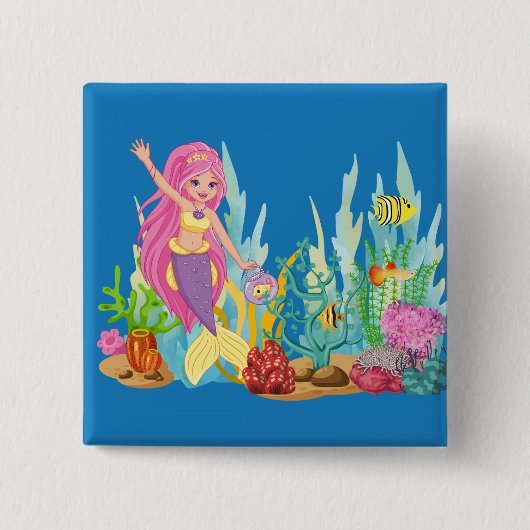 美しいピンクの髪遊の人魚の海 缶バッジ (正面)