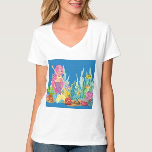 美しいピンクの髪遊の人魚の海 Tシャツ (正面)