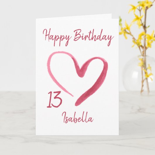 美しいピンクウォーターカラーハート13誕生日 カード (黄色い花)