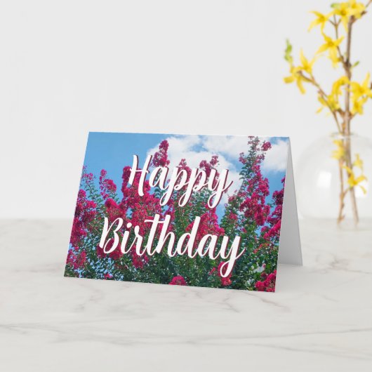 美しいピンククレープマートルフラワーズハッピーバースデー カード (黄色い花)