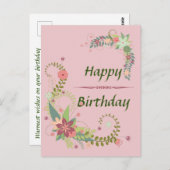 美しいピンクグリーン花柄の誕生日ポストカード ポストカード (正面/裏面)