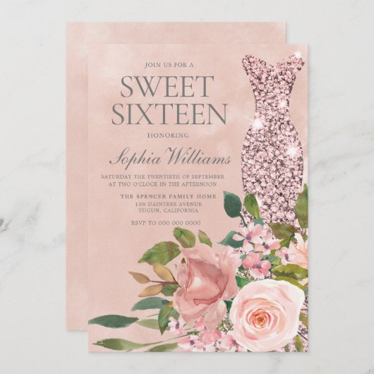 美しいピンクスパークルドレスバラ金ゴールドスウィート16 招待状 (正面/裏面)