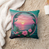 美しいピンクティール（緑がかった色）熱帯フラワーサンセットリース クッション (ブランケット)