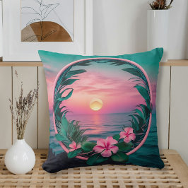 美しいピンクティール（緑がかった色）熱帯フラワーサンセットリース クッション