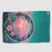 美しいピンクティール（緑がかった色）熱帯フラワーサンセットリース ゴルフタオル (横)