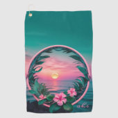 美しいピンクティール（緑がかった色）熱帯フラワーサンセットリース ゴルフタオル (正面)