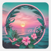 美しいピンクティール(緑がかった色)熱帯フラワーサンセットリース スクエアシール (正面)