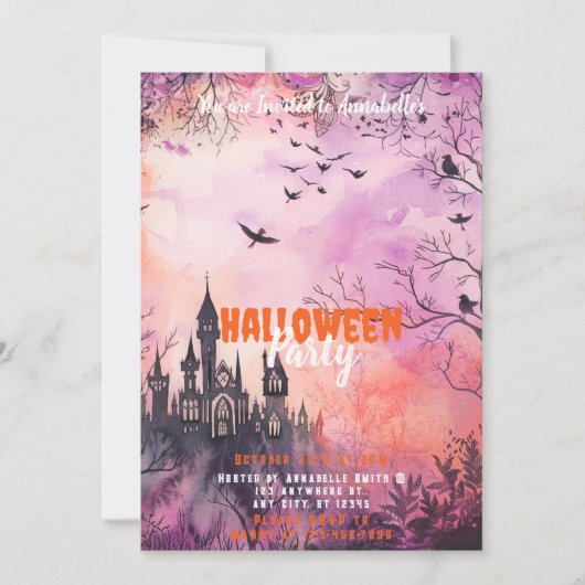 美しいピンクパープルのハロウィンパーティー 招待状 (正面)