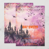美しいピンクパープルのハロウィンパーティー 招待状 (正面/裏面)