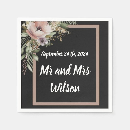 美しいピンクフラワーオンバラ金ゴールドカクテルナプキン スタンダードカクテルナプキン (正面)