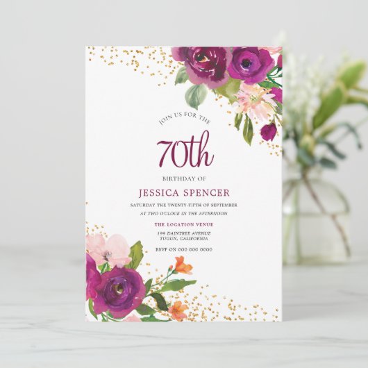 美しいピンクフローラ70番目の誕生日招待状 招待状 (スタンド正面)