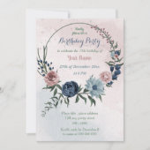 美しいピンクブルーフローラリースパーティー 招待状 (正面)