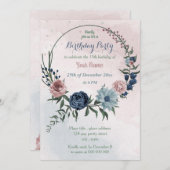 美しいピンクブルーフローラリースパーティー 招待状 (正面/裏面)