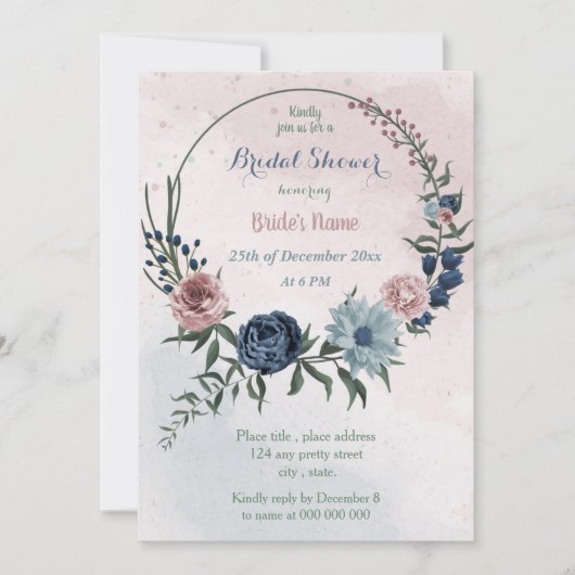 美しいピンクブルーフローラリースブライダルシャワー 招待状 (正面)
