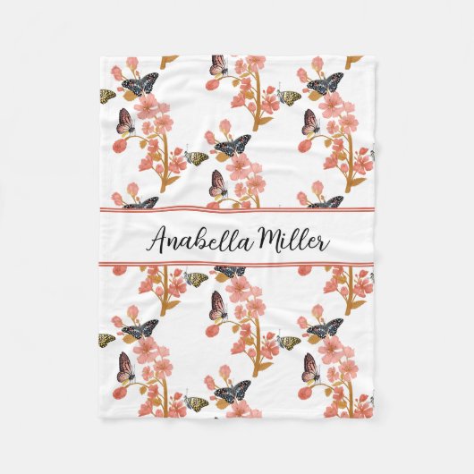 美しいピンクボホバタフライパターン子供の名前 フリースブランケット (正面)