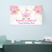 美しいピンクユニコーンウォーター花模様誕生日 横断幕 (トレードショー)