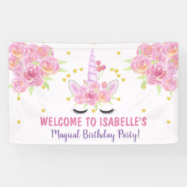 美しいピンクユニコーンウォーター花模様誕生日 横断幕