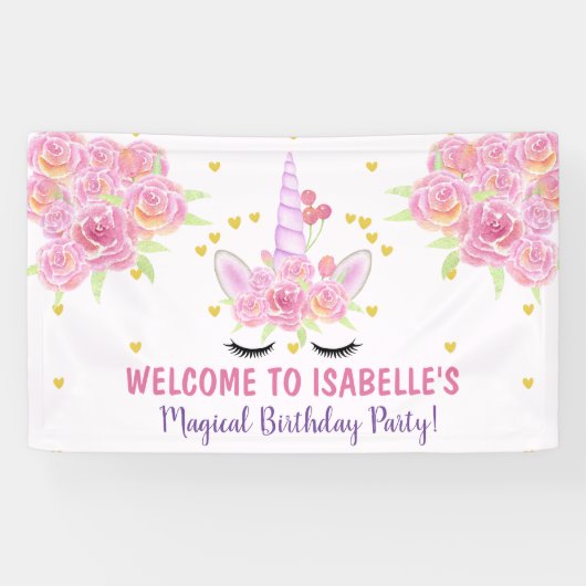 美しいピンクユニコーンウォーター花模様誕生日 横断幕 (横)