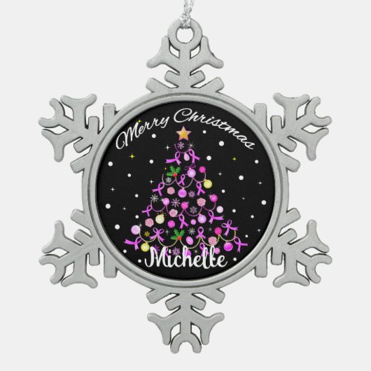 美しいピンクリボンクリスマスツリー スノーフレークピューターオーナメント (正面)