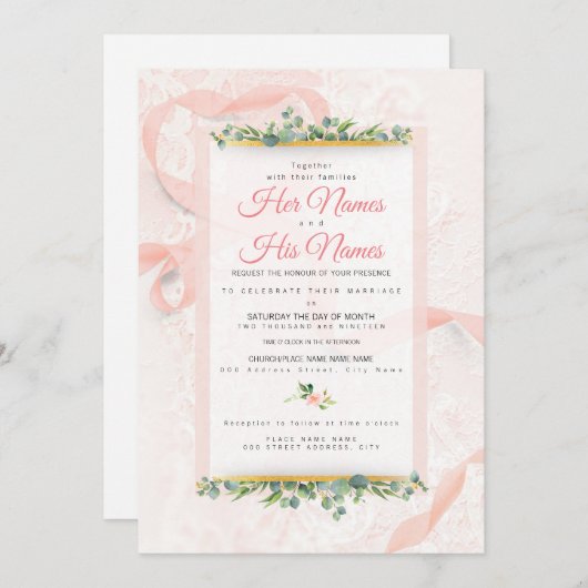 美しいピンクレースとリボン結婚式招待状 招待状 (正面/裏面)