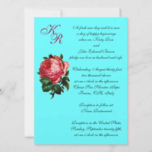 美しいピンクローズアクアブルーティール（緑がかった色）フローラモノグラム 招待状 (裏面)