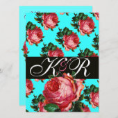美しいピンクローズアクアブルーティール（緑がかった色）フローラモノグラム 招待状 (正面/裏面)