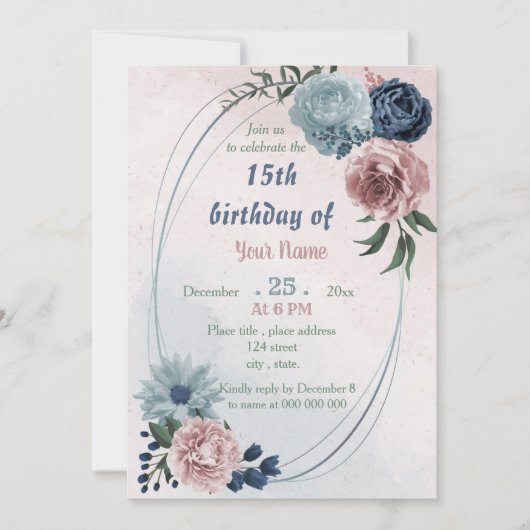 美しいピンク色のフローラ幾何学誕生日 招待状 (正面)