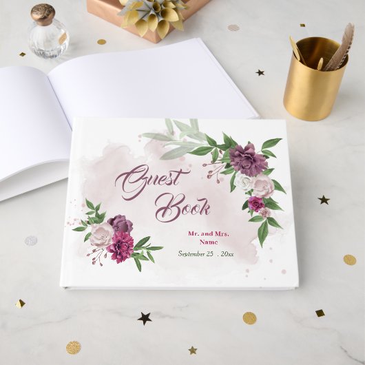 美しいピンク色のメイブバーガンディの花々緑 ゲストブック (正面見開き)