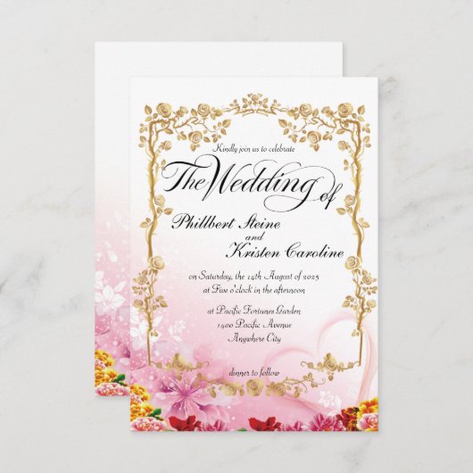 美しいピンク色の背景に金ゴールドフローラ  招待状 (正面/裏面)