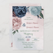 美しいピンク色の青いフローラの結婚緑 招待状 (正面/裏面)