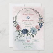 美しいピンク色の青いフローラの緑結婚のリース 招待状 (正面)