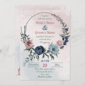 美しいピンク色の青いフローラの緑結婚のリース 招待状 (正面/裏面)