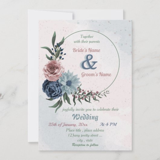 美しいピンク色の青いフローラの緑結婚のリース 招待状 (正面)