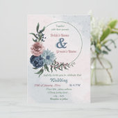 美しいピンク色の青いフローラの緑結婚のリース 招待状 (スタンド正面)