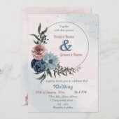 美しいピンク色の青いフローラの緑結婚のリース 招待状 (正面/裏面)