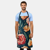 美しいピンク、オレンジ、赤の花柄 エプロン (着用した状態)