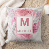 美しいピンク、白と銀の花モノグラム クッション (ブランケット)