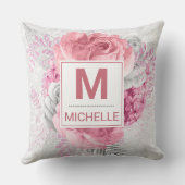 美しいピンク、白と銀の花モノグラム クッション (裏面)