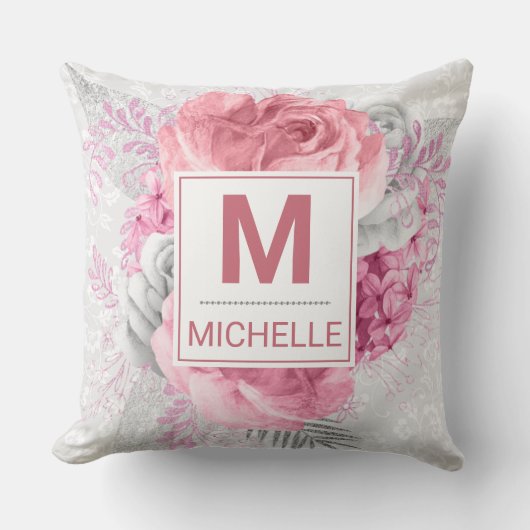 美しいピンク、白と銀の花モノグラム クッション (正面)