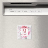 美しいピンク、白、シルバーの花のモノグラム マグネット (インサイチュ (食洗機))